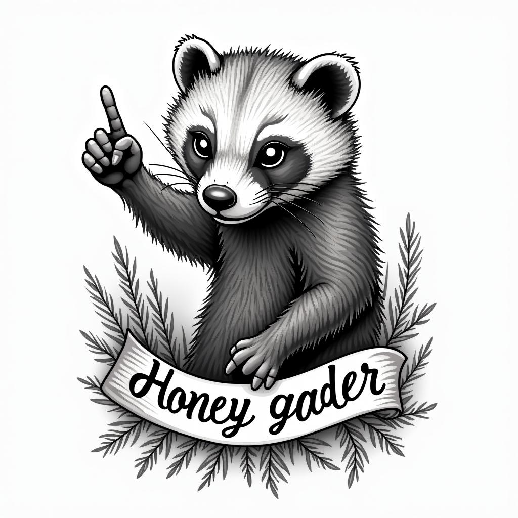 A realistic honey badger humorously flipping the middle finger, conveying a rebellious attitude. Accompanying the design, in bold, stylized text, are the words "Honey badger don’t give no fucks", emphasizing the cheeky and carefree nature of the animal.higly detailed tattoo
