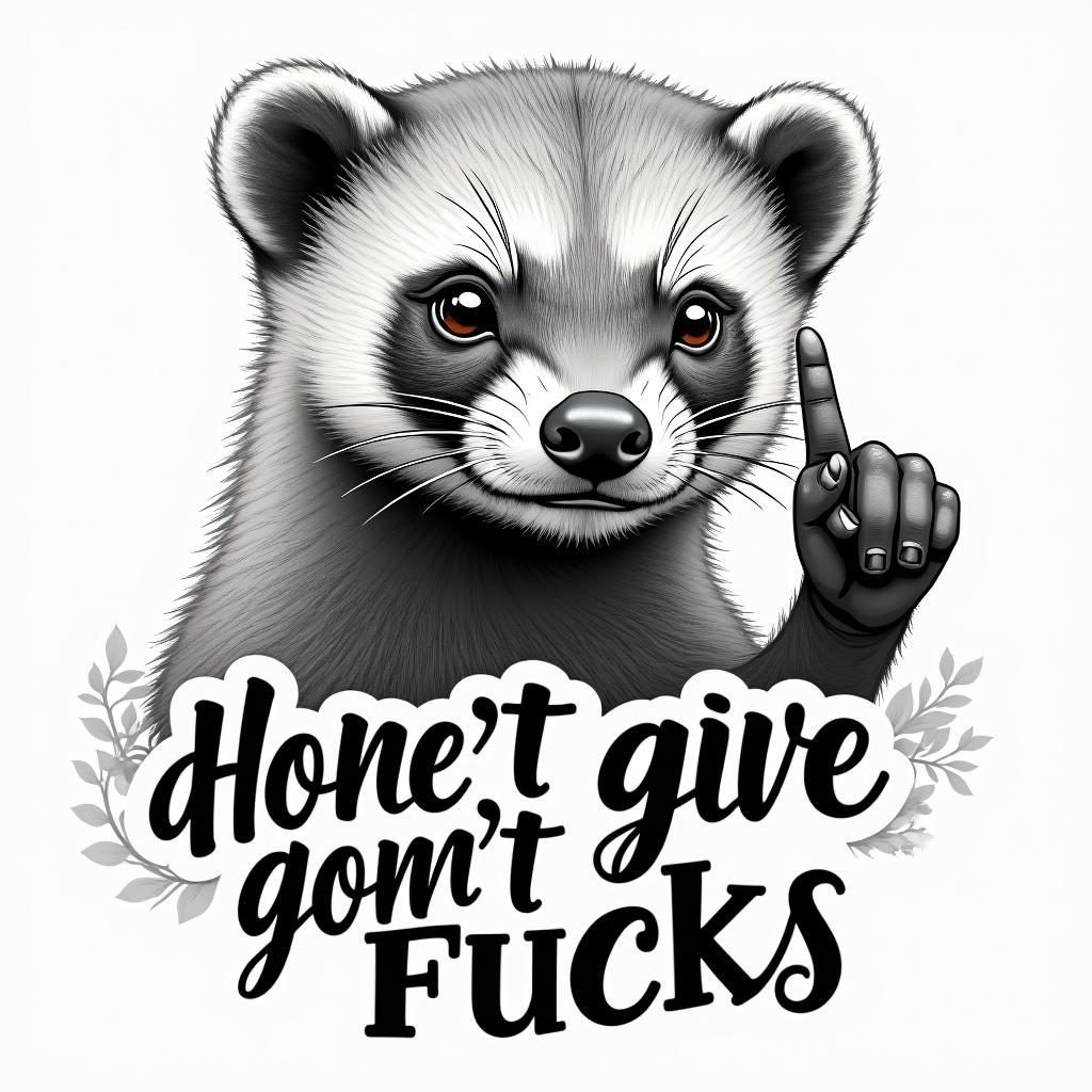 A realistic honey badger humorously flipping the middle finger, conveying a rebellious attitude. Accompanying the design, in bold, stylized text, are the words "Honey badger don’t give no fucks", emphasizing the cheeky and carefree nature of the animal.higly detailed tattoo - Variation 2