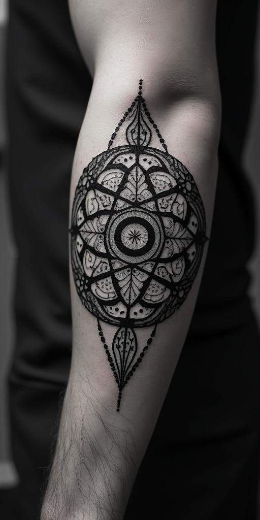Sasquatch,forestin dotwork style tattoo, complex mandala patterns, interlocking geometric shapes with sharp symmetry, clean lines, sharp angles - Variation 4