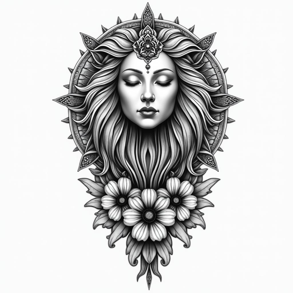 A realistic black and gray tattoo featuring a flowing design that combines a lion representing strength on the crown chakra, a female face with seductive lips symbolizing confidence and intuition, delicate aster flowers representing beauty and spirituality, and the Wheel of Fortune tarot card symbolizing fate and change, all harmoniously intertwined to reflect meditation and Buddhism.higly detailed tattoo