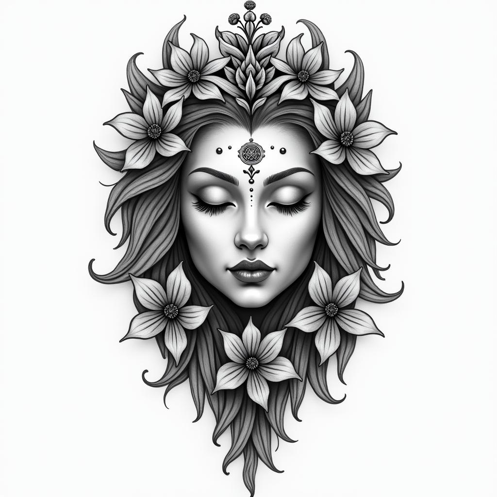 A realistic black and gray tattoo featuring a flowing design that combines a lion representing strength on the crown chakra, a female face with seductive lips symbolizing confidence and intuition, delicate aster flowers representing beauty and spirituality, and the Wheel of Fortune tarot card symbolizing fate and change, all harmoniously intertwined to reflect meditation and Buddhism.higly detailed tattoo - Variation 2