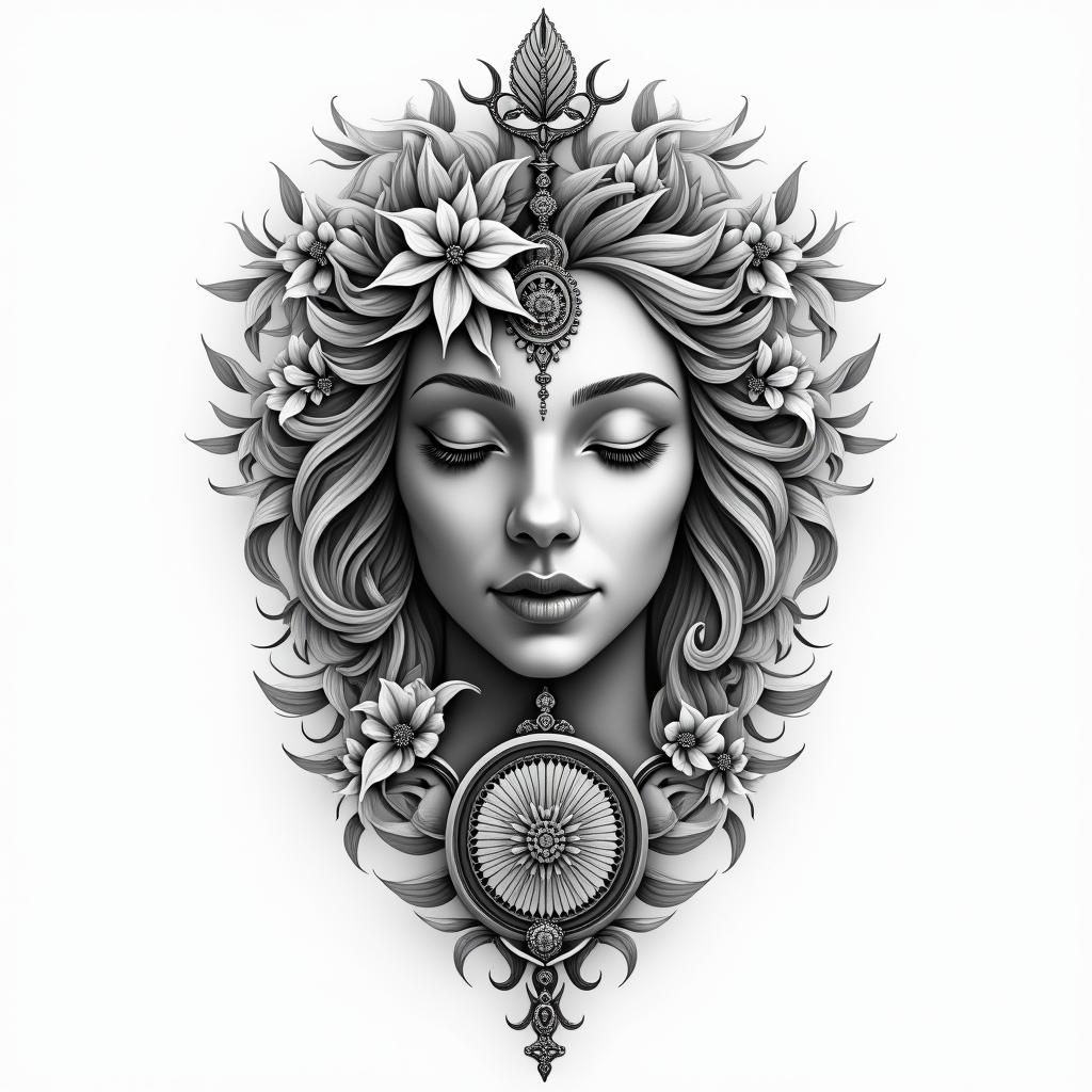 A realistic black and gray tattoo featuring a flowing design that combines a lion representing strength on the crown chakra, a female face with seductive lips symbolizing confidence and intuition, delicate aster flowers representing beauty and spirituality, and the Wheel of Fortune tarot card symbolizing fate and change, all harmoniously intertwined to reflect meditation and Buddhism.higly detailed tattoo - Variation 4