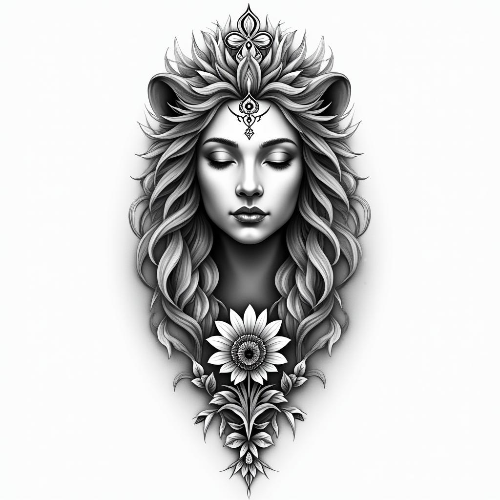 A realistic black and gray tattoo featuring a flowing design that combines a lion representing strength on the crown chakra, a female face with seductive lips symbolizing confidence and intuition, delicate aster flowers representing beauty and spirituality, and the Wheel of Fortune tarot card symbolizing fate and change, all harmoniously intertwined to reflect meditation and Buddhism.higly detailed tattoo - Variation 3