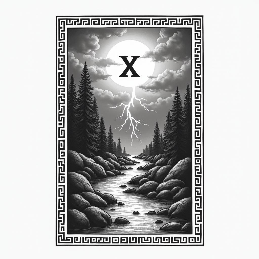 A tattoo design featuring the word φιλότιμο, symbolizing honor and respect, stretching horizontally across an inner forearm. Surrounding it are sketches of a random stream of water meandering through nature, with trees and rocks along the banks. Above the stream, a grey cloudy sky with multiple lightning strikes creates a dramatic atmosphere. The entire scene is framed with a Greek pattern that has no sharp edges, harmoniously fitting the design across the whole inner forearm.higly detailed tattoo - Variation 2