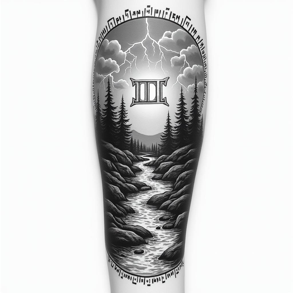 A tattoo design featuring the word φιλότιμο, symbolizing honor and respect, stretching horizontally across an inner forearm. Surrounding it are sketches of a random stream of water meandering through nature, with trees and rocks along the banks. Above the stream, a grey cloudy sky with multiple lightning strikes creates a dramatic atmosphere. The entire scene is framed with a Greek pattern that has no sharp edges, harmoniously fitting the design across the whole inner forearm.higly detailed tattoo - Variation 3
