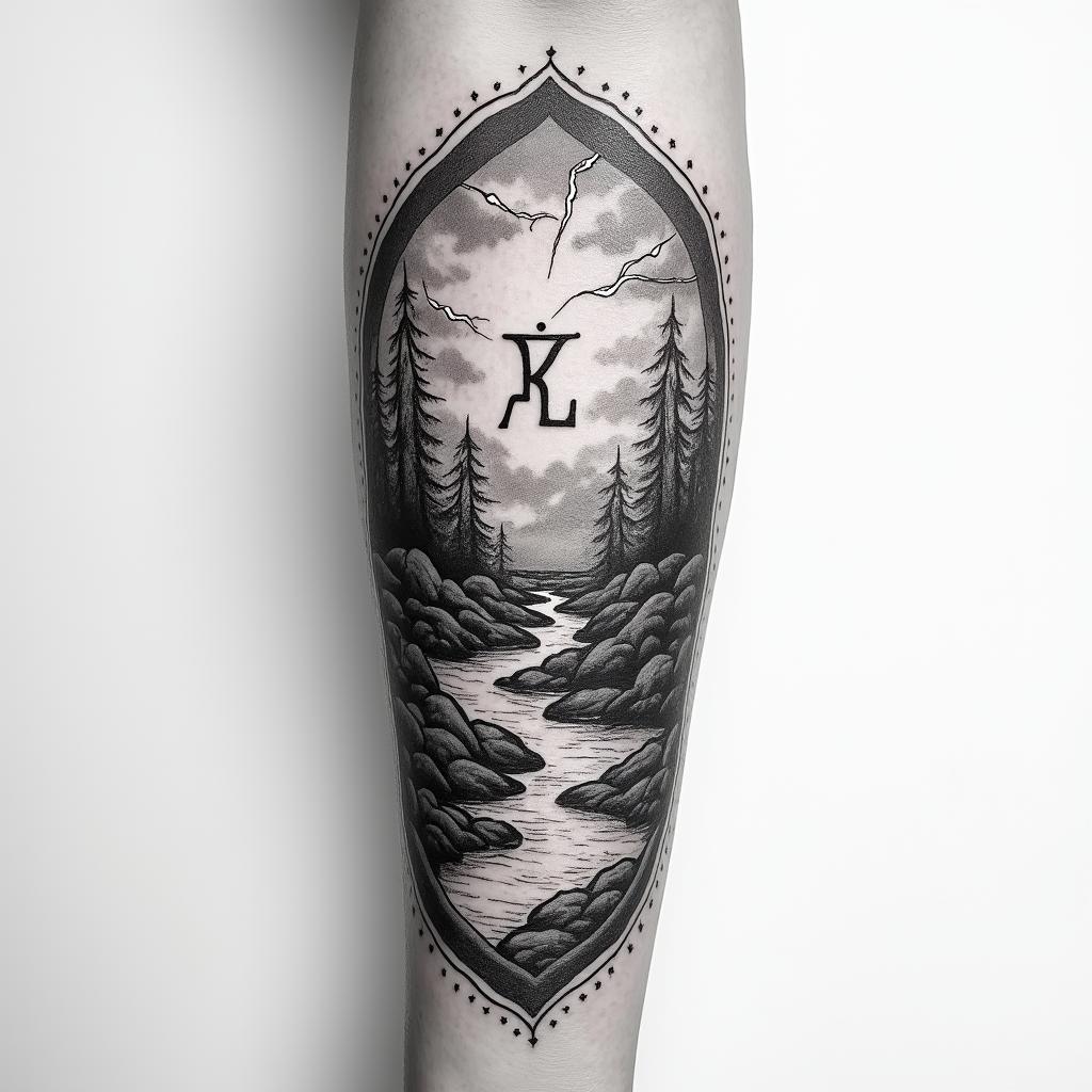 A tattoo design featuring the word φιλότιμο, symbolizing honor and respect, stretching horizontally across an inner forearm. Surrounding it are sketches of a random stream of water meandering through nature, with trees and rocks along the banks. Above the stream, a grey cloudy sky with multiple lightning strikes creates a dramatic atmosphere. The entire scene is framed with a Greek pattern that has no sharp edges, harmoniously fitting the design across the whole inner forearm.higly detailed tattoo