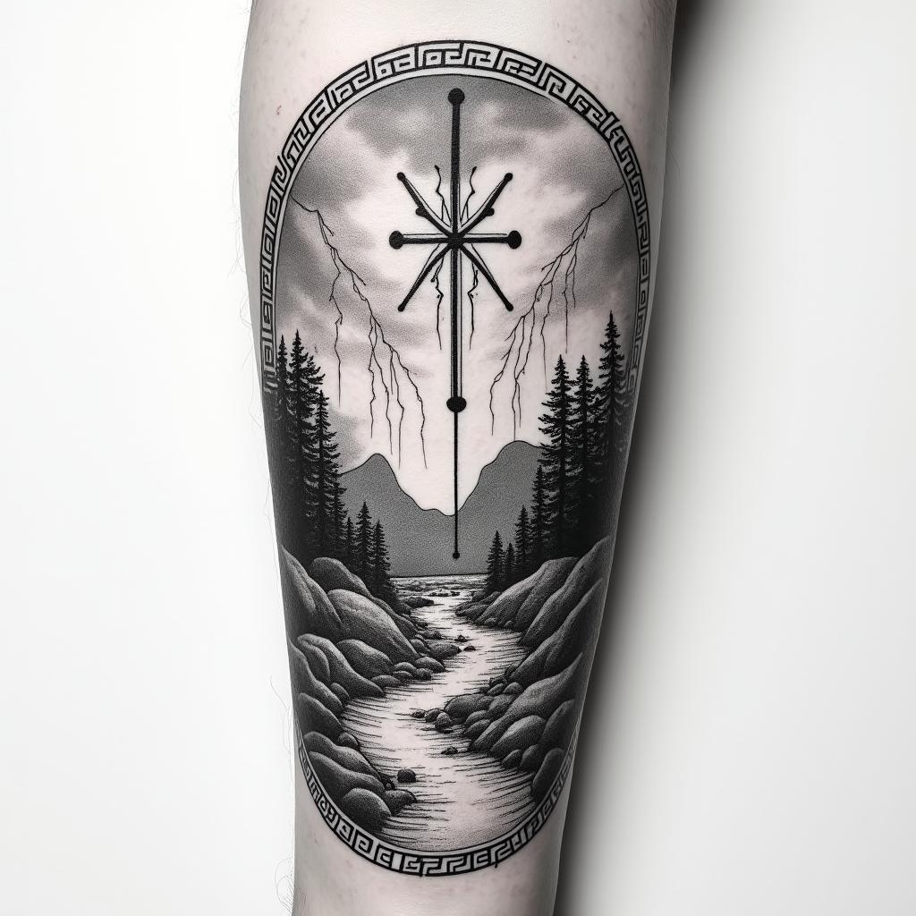 A tattoo design featuring the word φιλότιμο, symbolizing honor and respect, stretching horizontally across an inner forearm. Surrounding it are sketches of a random stream of water meandering through nature, with trees and rocks along the banks. Above the stream, a grey cloudy sky with multiple lightning strikes creates a dramatic atmosphere. The entire scene is framed with a Greek pattern that has no sharp edges, harmoniously fitting the design across the whole inner forearm.higly detailed tattoo - Variation 4
