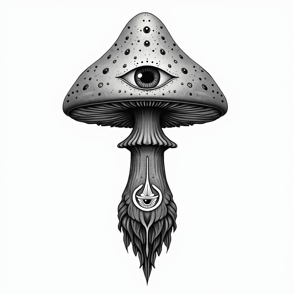 Magic mushroom tree with one eye in the centrein spiritual symbols tattoo style, featuring an intricate design incorporating elements, Hamsa hand, third eye, minimalist composition