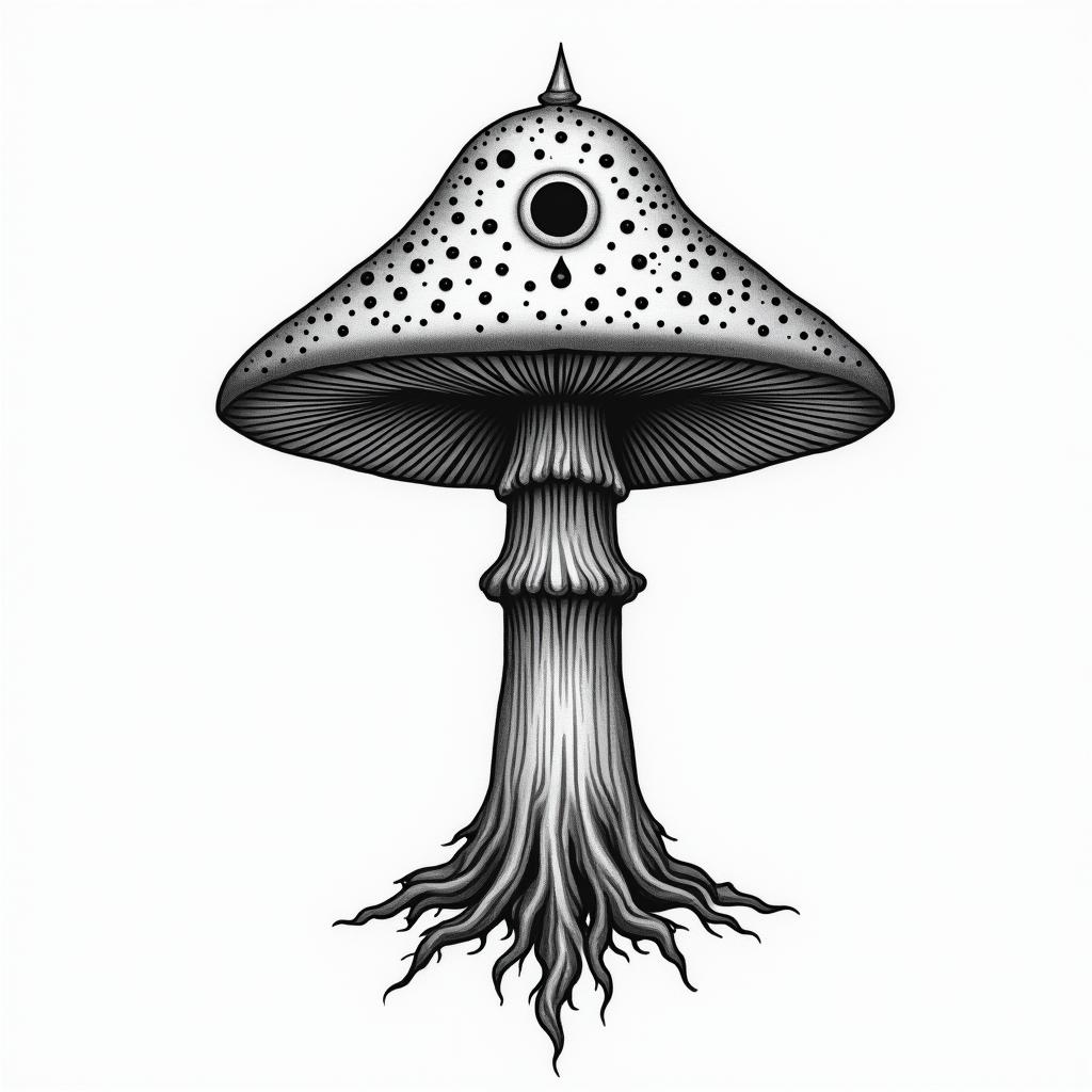 Magic mushroom tree with one eye in the centrein spiritual symbols tattoo style, featuring an intricate design incorporating elements, Hamsa hand, third eye, minimalist composition - Variation 3