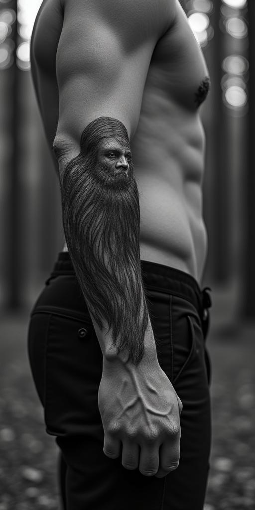 Sasquatch,forestin portrait tattoo style, featuring a highly realistic and detailed depiction  - Variation 2