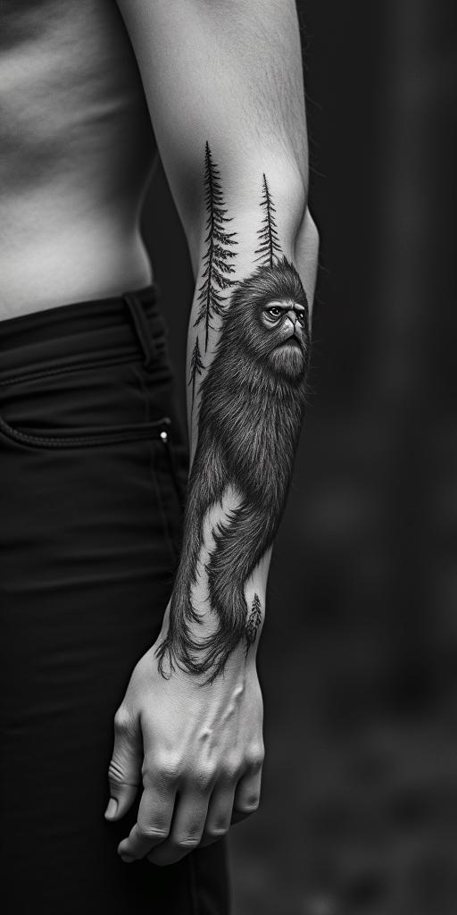 Sasquatch,forestin portrait tattoo style, featuring a highly realistic and detailed depiction 