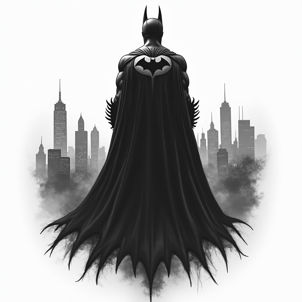 Silhouette of Batman against the Gotham skyline.higly detailed tattoo