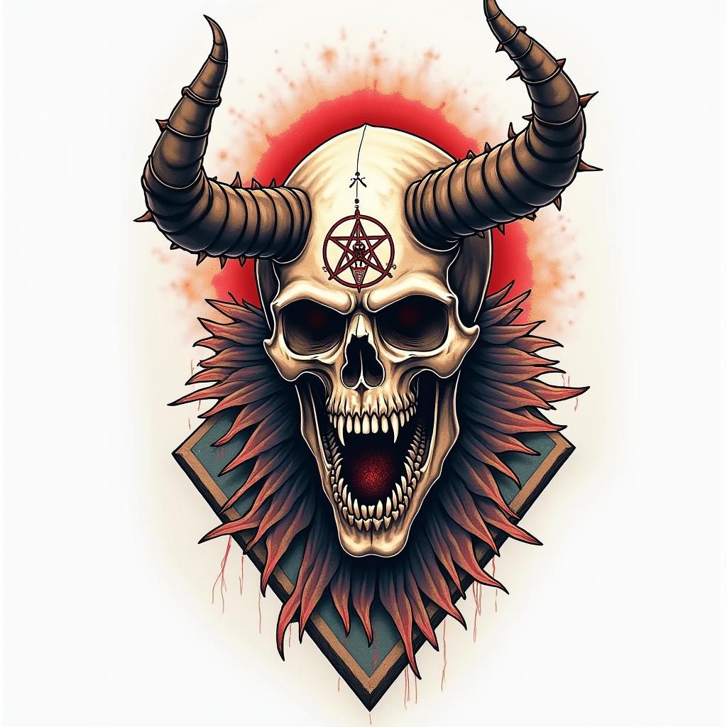 Toten Kopf Unterarm Uhr abgelaufen
creepy horror tattoo style, featuring an eerie and unsettling skull of a demonic creature, distorted face with sharp fangs, add pentagram symbol