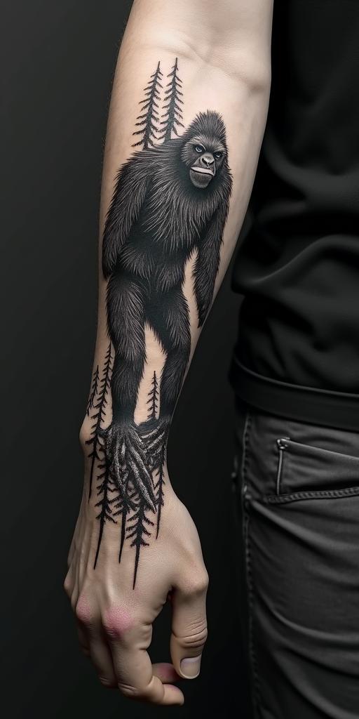 Sasquatch,forestin realism tattoo style, featuring a highly detailed, lifelike, capturing every detail, photorealistic, ultra realistic, intricate shading, smooth and sharp, - Variation 2
