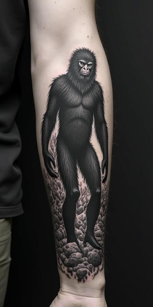 Sasquatch,forestin realism tattoo style, featuring a highly detailed, lifelike, capturing every detail, photorealistic, ultra realistic, intricate shading, smooth and sharp,