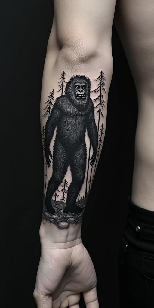 Sasquatch,forestin realism tattoo style, featuring a highly detailed, lifelike, capturing every detail, photorealistic, ultra realistic, intricate shading, smooth and sharp, - Variation 3