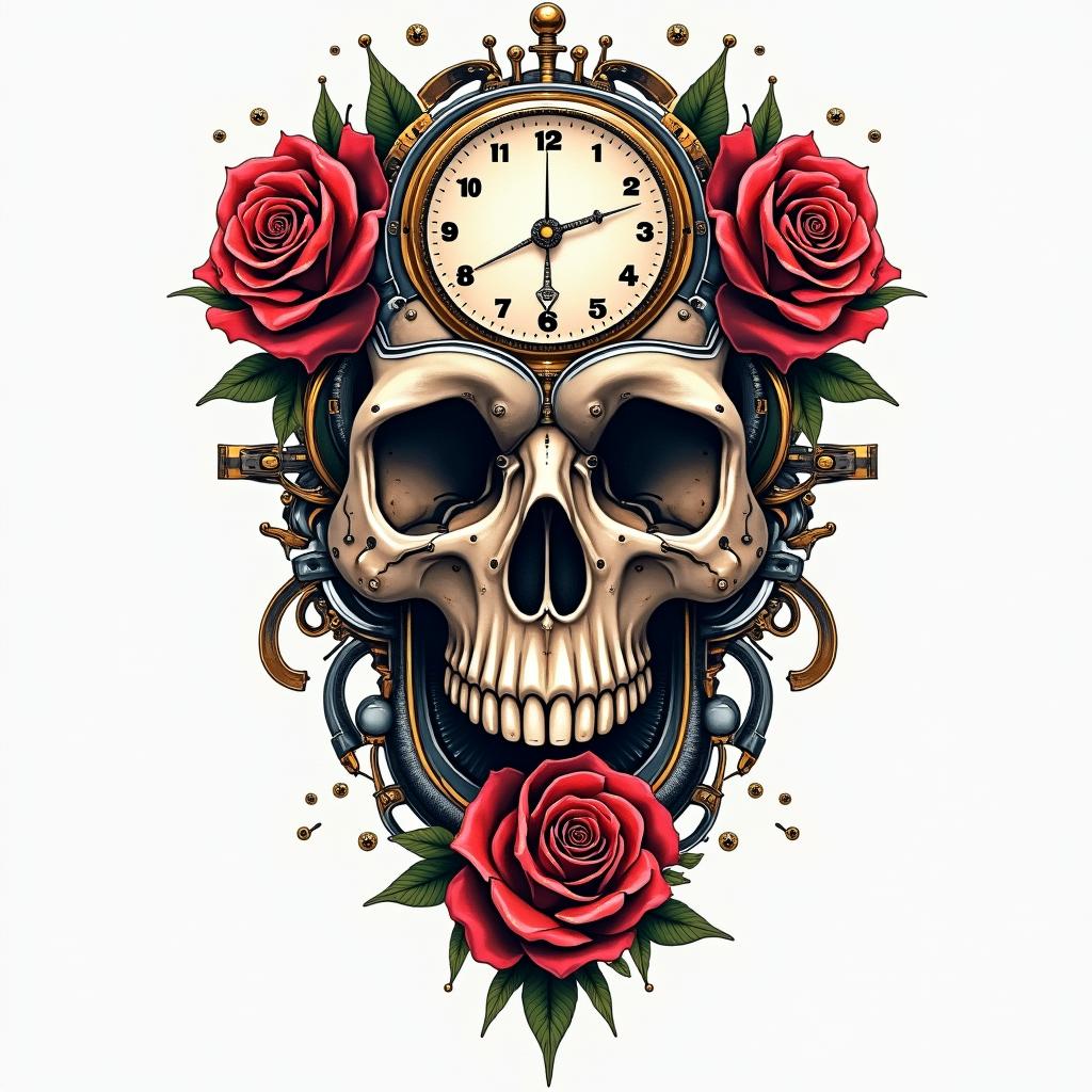 Skull with roses and clock elementstattoo in biomechanic style, the tattoo covered by robotic elements of futuristic cyberpunk design, robotic features detail, showcasing intricate mechanical components