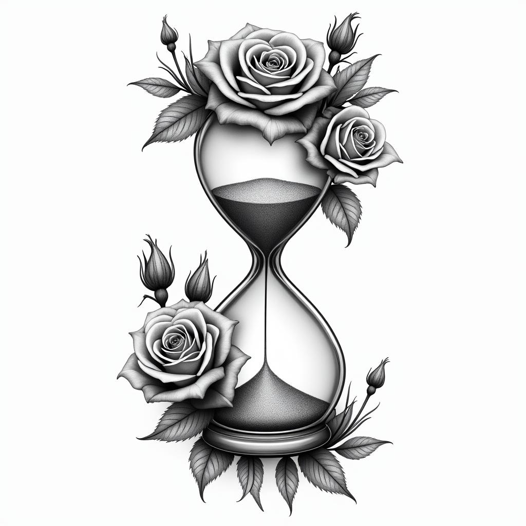 A realistic tattoo design featuring an hourglass filled with sand, surrounded by beautiful roses in various stages of bloom, including buds and wilted petals, symbolizing the passage of time and the appreciation of moments spent with loved ones.higly detailed tattoo