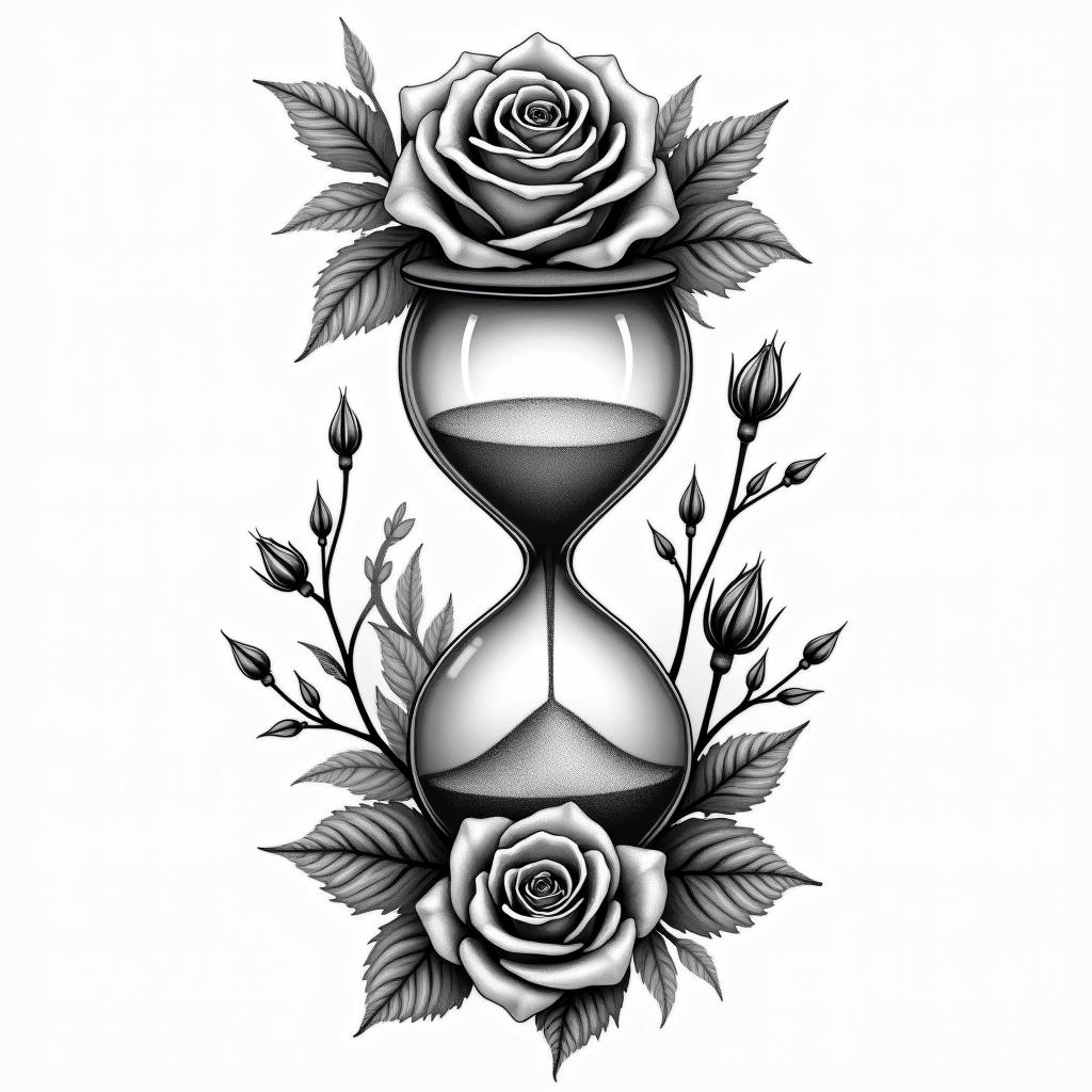 A realistic tattoo design featuring an hourglass filled with sand, surrounded by beautiful roses in various stages of bloom, including buds and wilted petals, symbolizing the passage of time and the appreciation of moments spent with loved ones.higly detailed tattoo - Variation 3