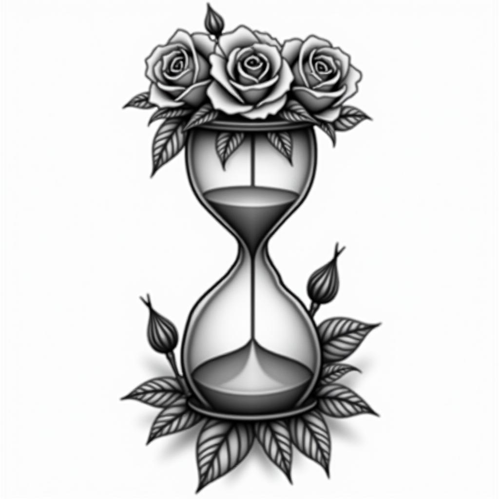 A realistic tattoo design featuring an hourglass filled with sand, surrounded by beautiful roses in various stages of bloom, including buds and wilted petals, symbolizing the passage of time and the appreciation of moments spent with loved ones.higly detailed tattoo - Variation 4