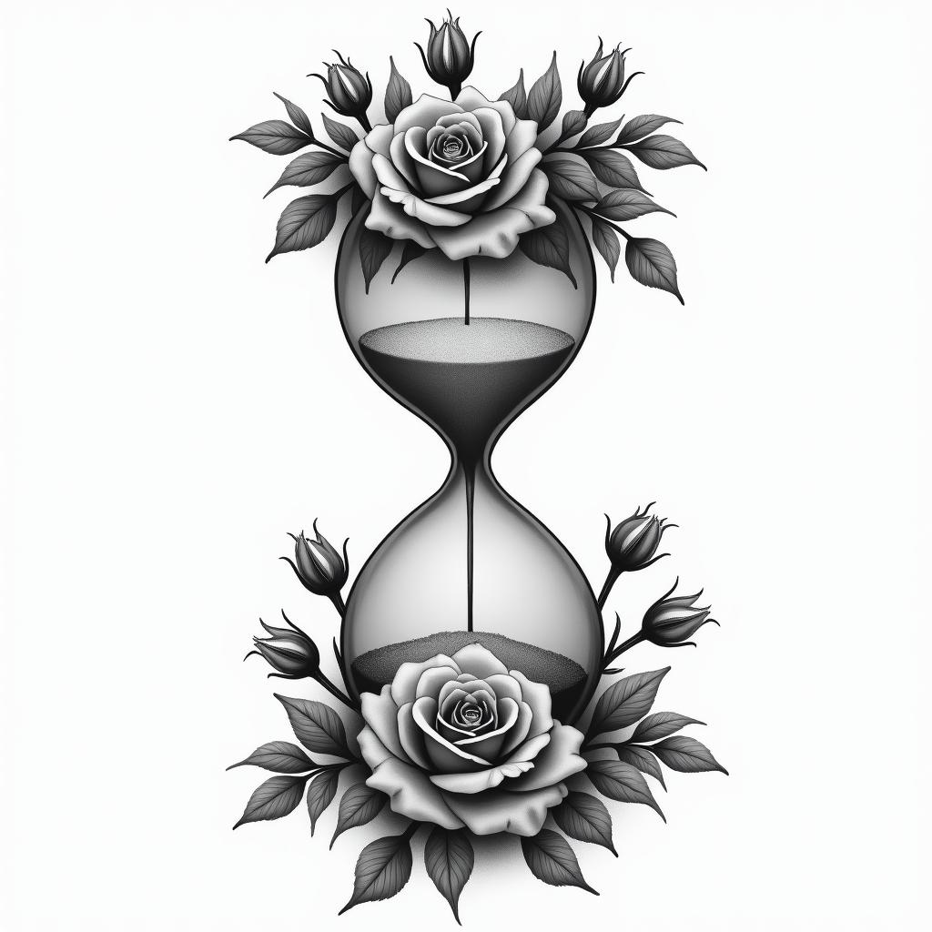 A realistic tattoo design featuring an hourglass filled with sand, surrounded by beautiful roses in various stages of bloom, including buds and wilted petals, symbolizing the passage of time and the appreciation of moments spent with loved ones.higly detailed tattoo - Variation 2