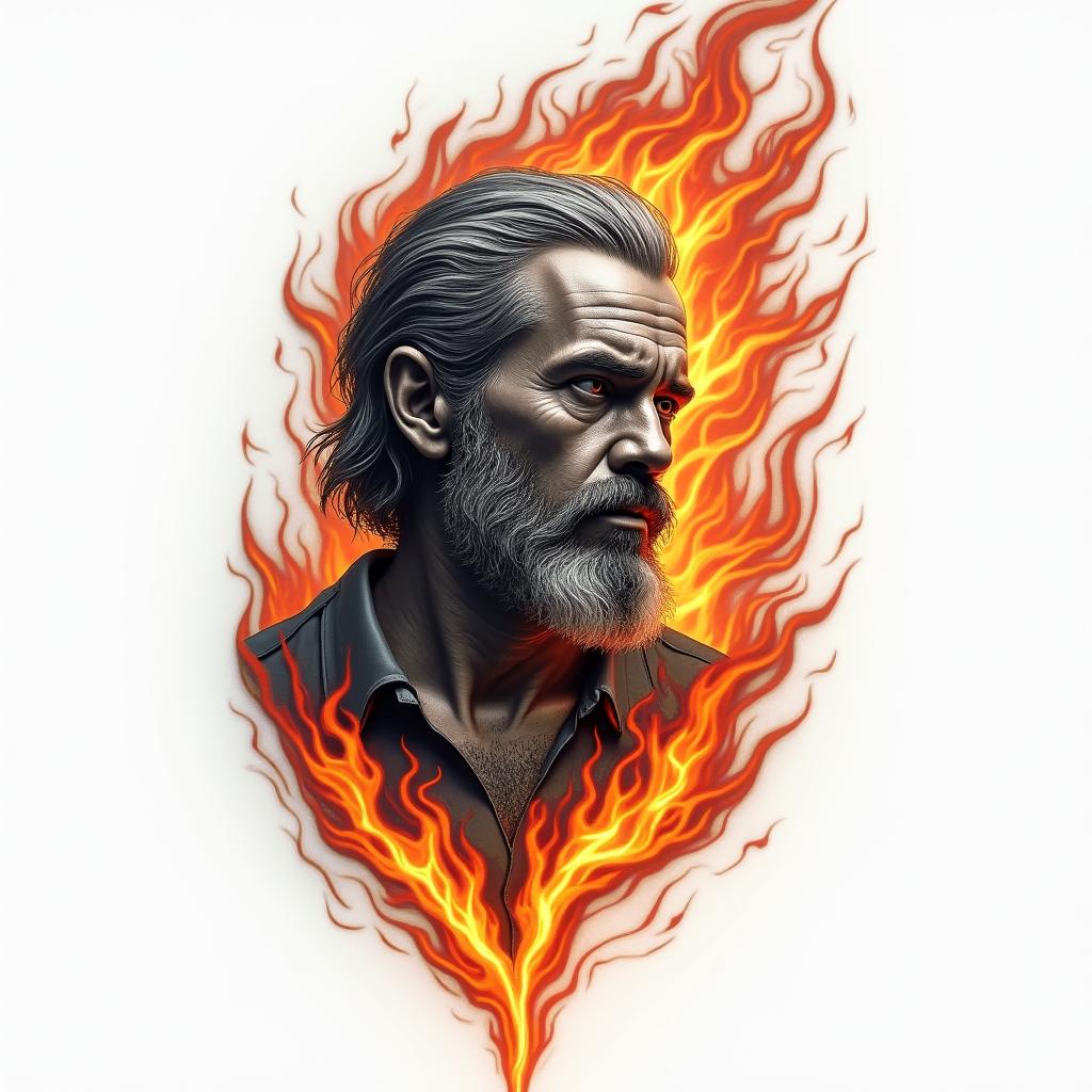 My dads keeperin flame tattoo style showcasing fiery elements with dynamic flame patterns, glowing effect of flames, natural colors