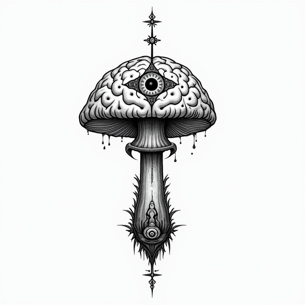 Magic mushroom tree with a brain with one in in the centre of the brainin spiritual symbols tattoo style, featuring an intricate design incorporating elements, Hamsa hand, third eye, minimalist composition - Variation 3