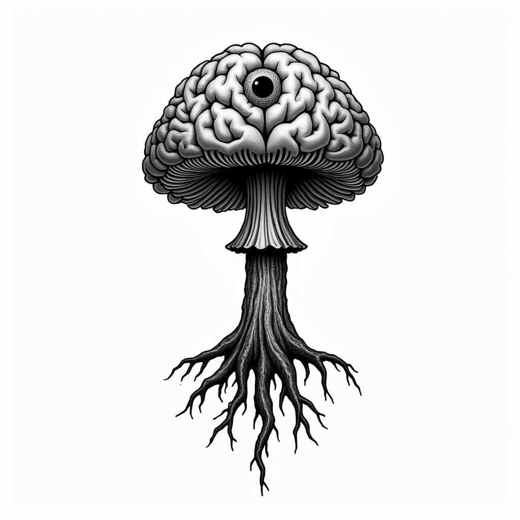 Magic mushroom tree with a brain with one in in the centre of the brainin spiritual symbols tattoo style, featuring an intricate design incorporating elements, Hamsa hand, third eye, minimalist composition - Variation 2