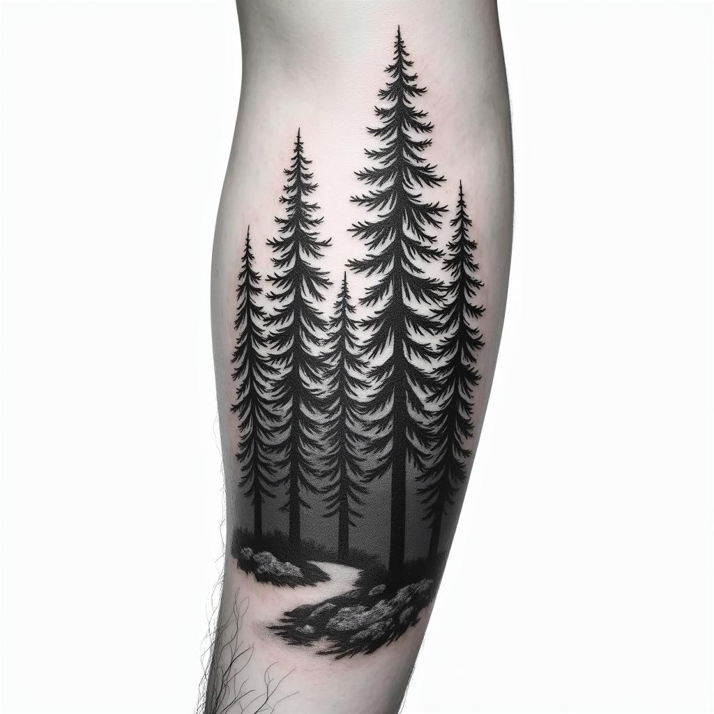 Forest across the entire left forearm with pineshigly detailed tattoo - Variation 4