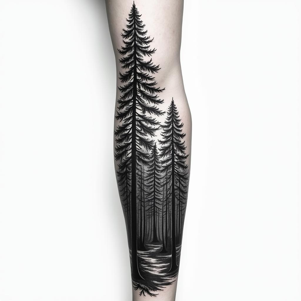 Forest across the entire left forearm with pineshigly detailed tattoo - Variation 2
