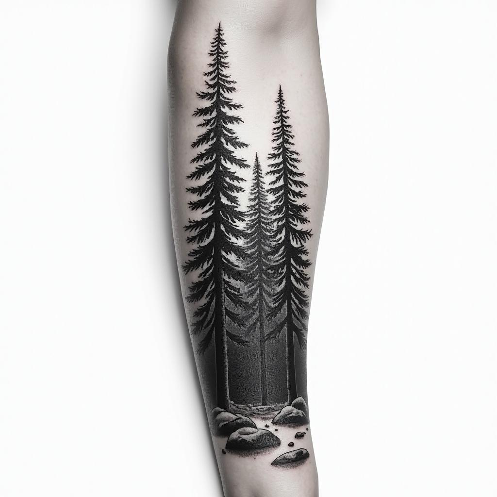 Forest across the entire left forearm with pineshigly detailed tattoo