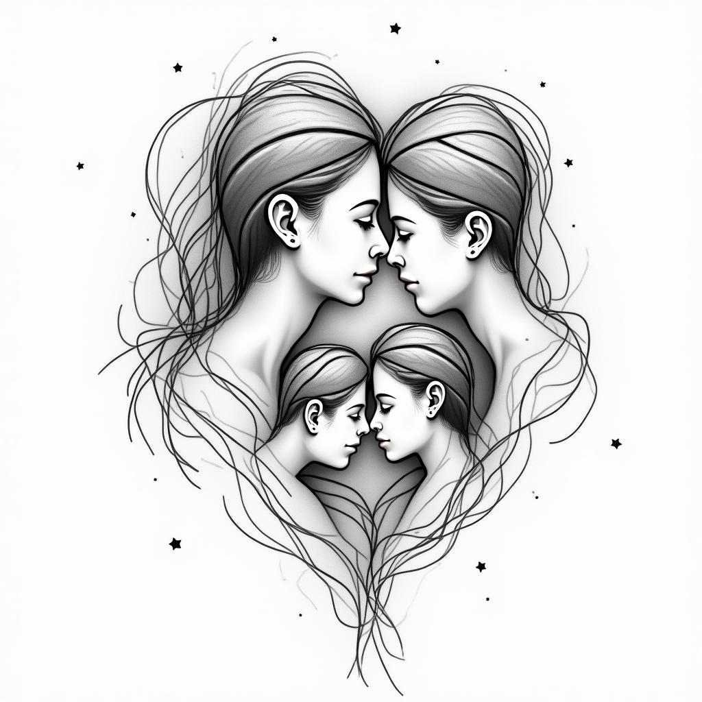 An elegant and abstract tattoo design representing the bond of a mother and her two sons, featuring intertwined circles and triangles to symbolize strength and unity. Incorporating subtle elements of basketball and music through fluid shapes, maintaining a balance between playfulness and sophistication, all in a harmonious color palette that reflects family love.higly detailed tattoo - Variation 4