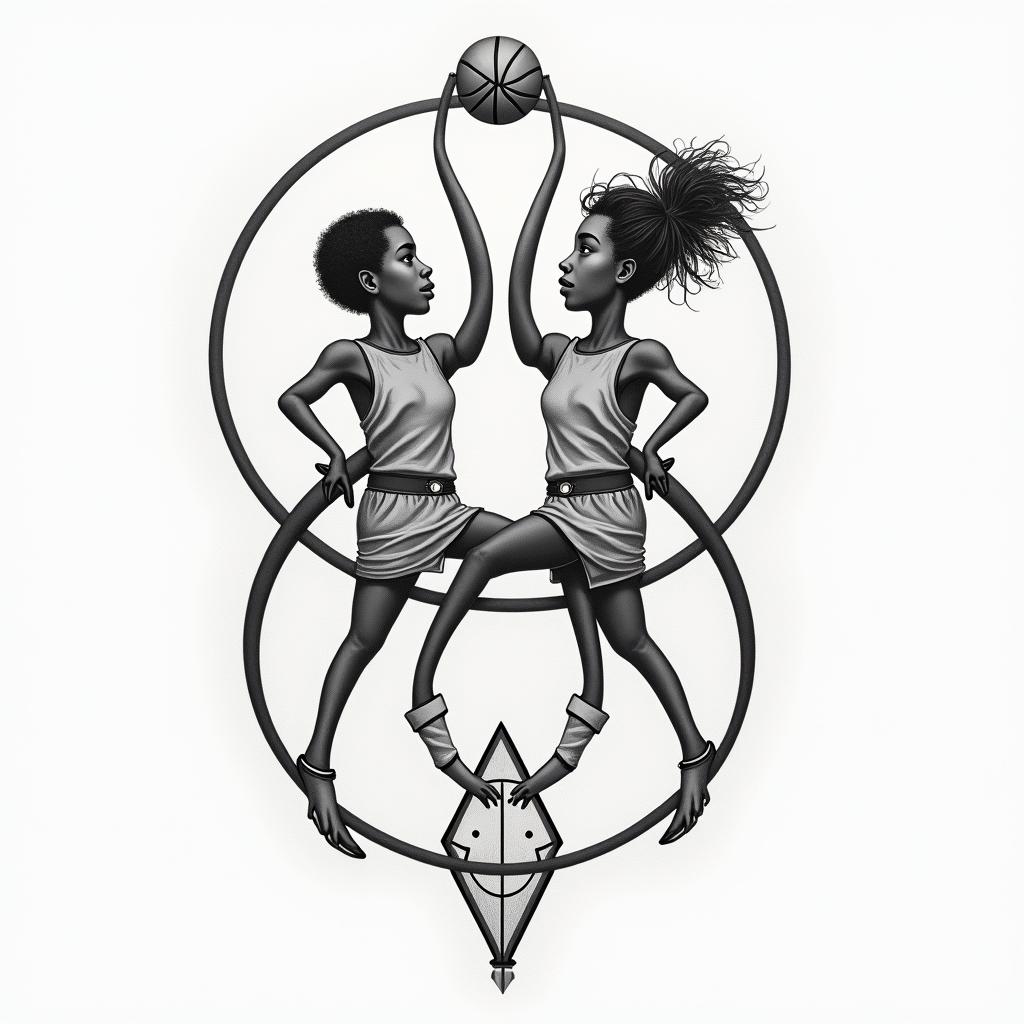 An elegant and abstract tattoo design representing the bond of a mother and her two sons, featuring intertwined circles and triangles to symbolize strength and unity. Incorporating subtle elements of basketball and music through fluid shapes, maintaining a balance between playfulness and sophistication, all in a harmonious color palette that reflects family love.higly detailed tattoo - Variation 2