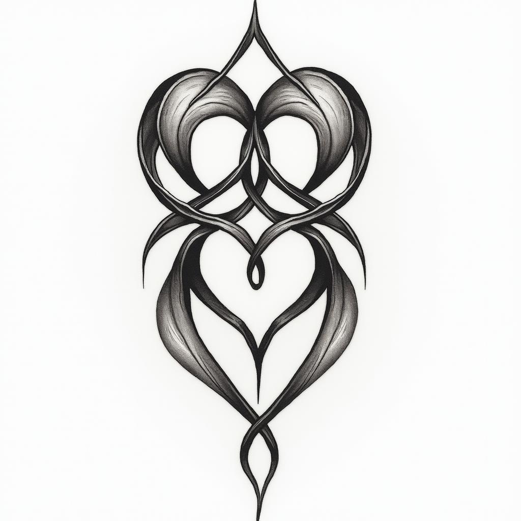 An elegant and abstract tattoo design representing the bond of a mother and her two sons, featuring intertwined circles and triangles to symbolize strength and unity. Incorporating subtle elements of basketball and music through fluid shapes, maintaining a balance between playfulness and sophistication, all in a harmonious color palette that reflects family love.higly detailed tattoo