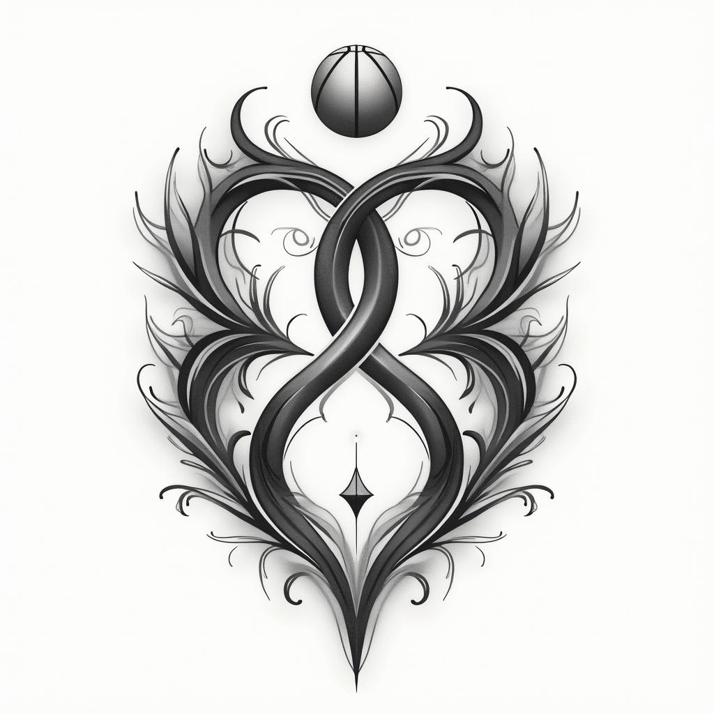 An elegant and abstract tattoo design representing the bond of a mother and her two sons, featuring intertwined circles and triangles to symbolize strength and unity. Incorporating subtle elements of basketball and music through fluid shapes, maintaining a balance between playfulness and sophistication, all in a harmonious color palette that reflects family love.higly detailed tattoo - Variation 3