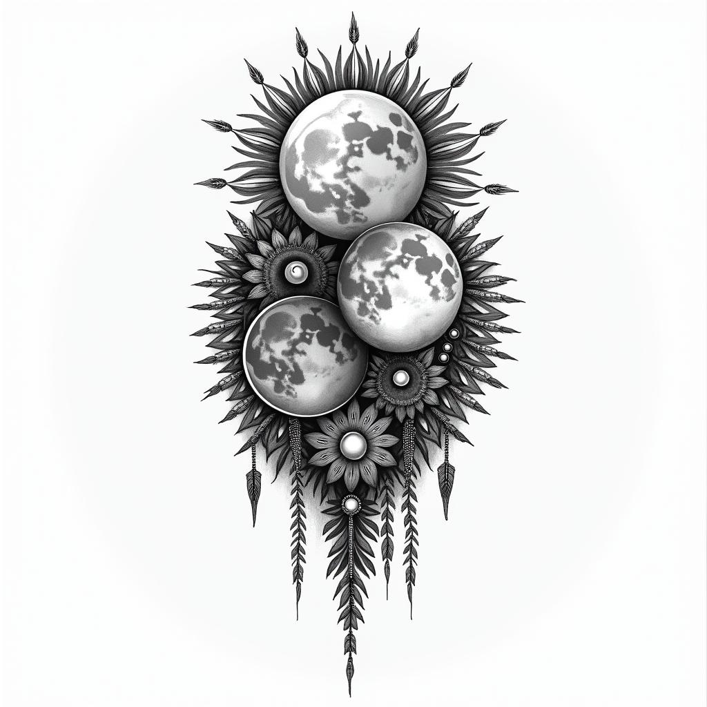 Phases of the moonin bohemian style tattoo, 8k - Variation 2