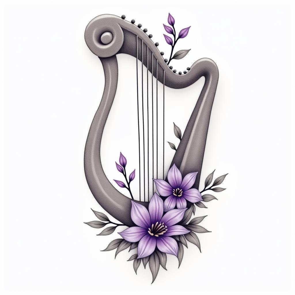 Delicate purple violet flowers on a Harpin Modest style tattoo, featuring soft, delicate line work with simple and meaningful symbols, gentle waves, a heart, evoking a sense of serenity and grace, - Variation 2
