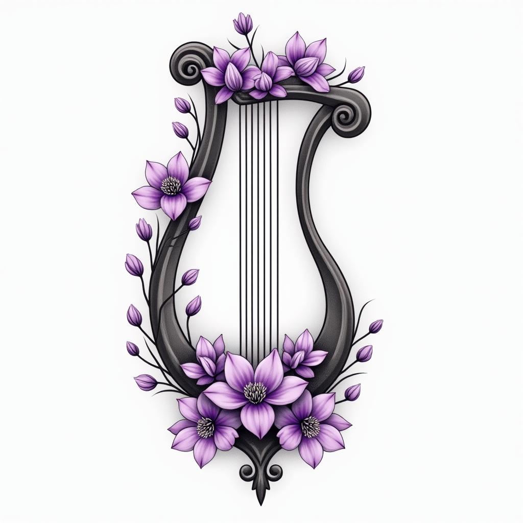 Delicate purple violet flowers on a Harpin Modest style tattoo, featuring soft, delicate line work with simple and meaningful symbols, gentle waves, a heart, evoking a sense of serenity and grace, - Variation 4