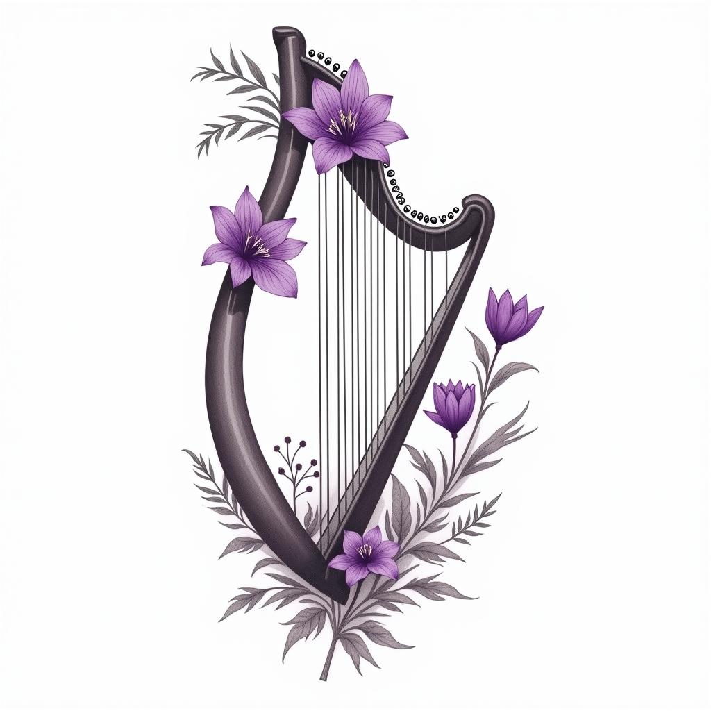 Delicate purple violet flowers on a Harpin Modest style tattoo, featuring soft, delicate line work with simple and meaningful symbols, gentle waves, a heart, evoking a sense of serenity and grace,