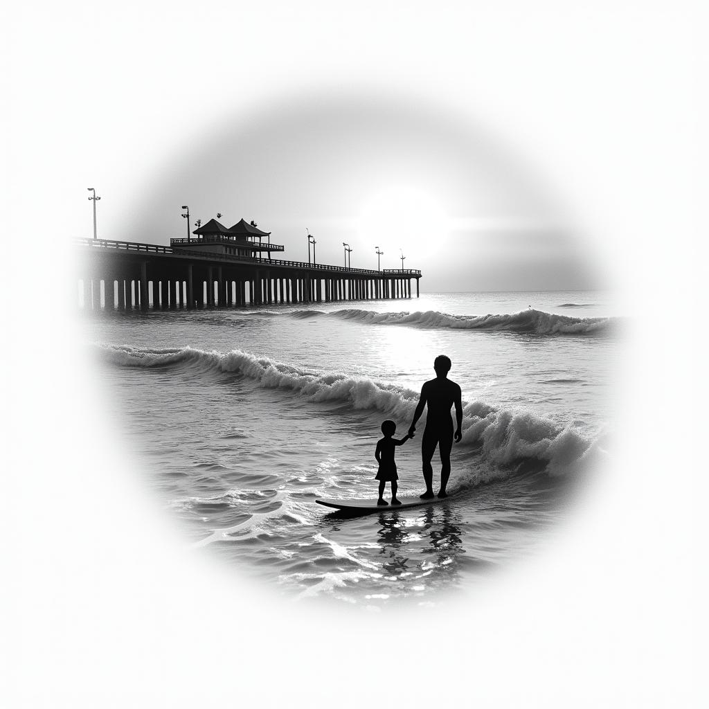 A serene tattoo design featuring the St. Augustine Beach pier at sunrise, with gentle waves and a silhouette of a father and son surfing together, accompanied by the date "2/14/24" elegantly integrated into the scene, capturing the essence of their bond and the beauty of Florida.higly detailed tattoo - Variation 2