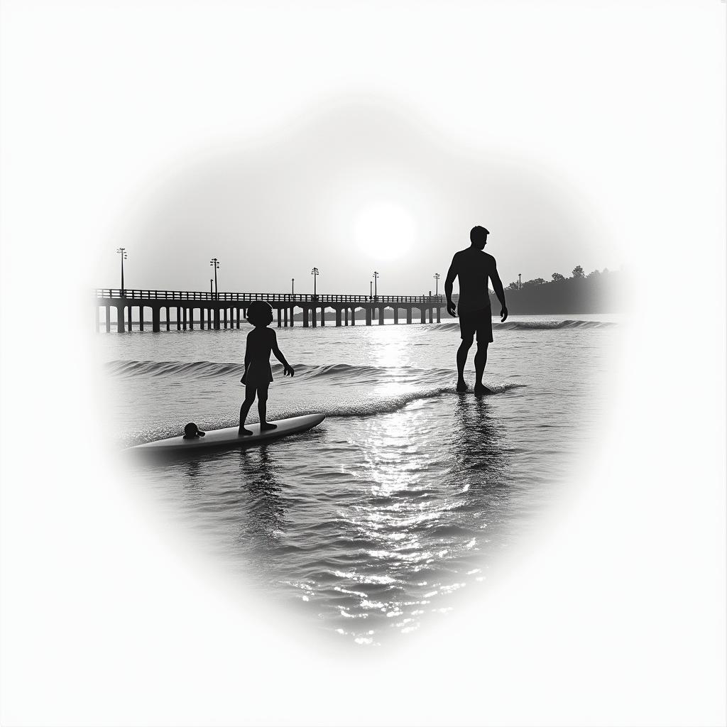 A serene tattoo design featuring the St. Augustine Beach pier at sunrise, with gentle waves and a silhouette of a father and son surfing together, accompanied by the date "2/14/24" elegantly integrated into the scene, capturing the essence of their bond and the beauty of Florida.higly detailed tattoo