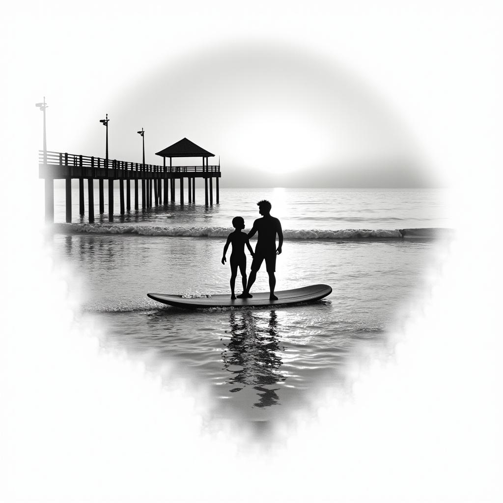 A serene tattoo design featuring the St. Augustine Beach pier at sunrise, with gentle waves and a silhouette of a father and son surfing together, accompanied by the date "2/14/24" elegantly integrated into the scene, capturing the essence of their bond and the beauty of Florida.higly detailed tattoo - Variation 3