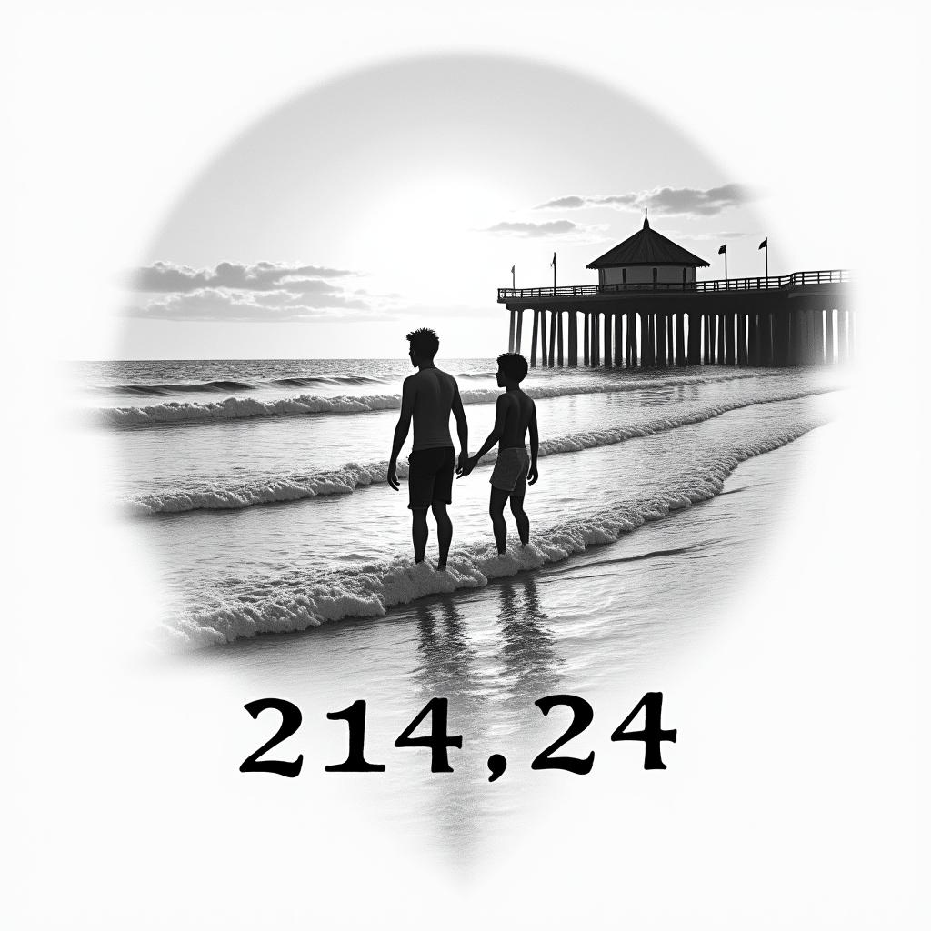 A serene tattoo design featuring the St. Augustine Beach pier at sunrise, with gentle waves and a silhouette of a father and son surfing together, accompanied by the date "2/14/24" elegantly integrated into the scene, capturing the essence of their bond and the beauty of Florida.higly detailed tattoo - Variation 4