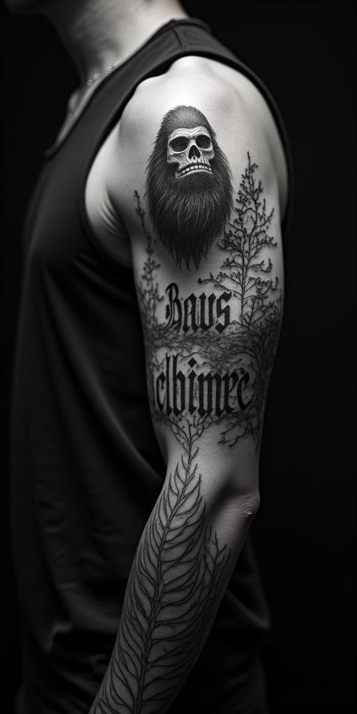 Sasquatch,foresttext-based tattoo, gothic font ultra-realistic, perfectly placed, high-quality font design, photo-realistic shading, 8k, high quality, finely detailed typography - Variation 6