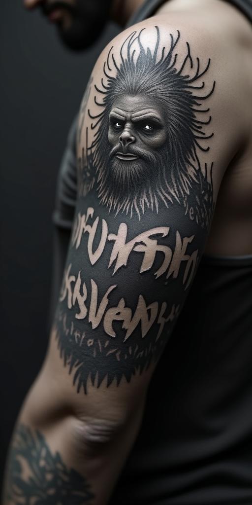 Sasquatch,foresttext-based tattoo, gothic font ultra-realistic, perfectly placed, high-quality font design, photo-realistic shading, 8k, high quality, finely detailed typography - Variation 7