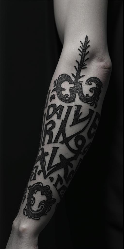 Sasquatch,foresttext-based tattoo, gothic font ultra-realistic, perfectly placed, high-quality font design, photo-realistic shading, 8k, high quality, finely detailed typography - Variation 5