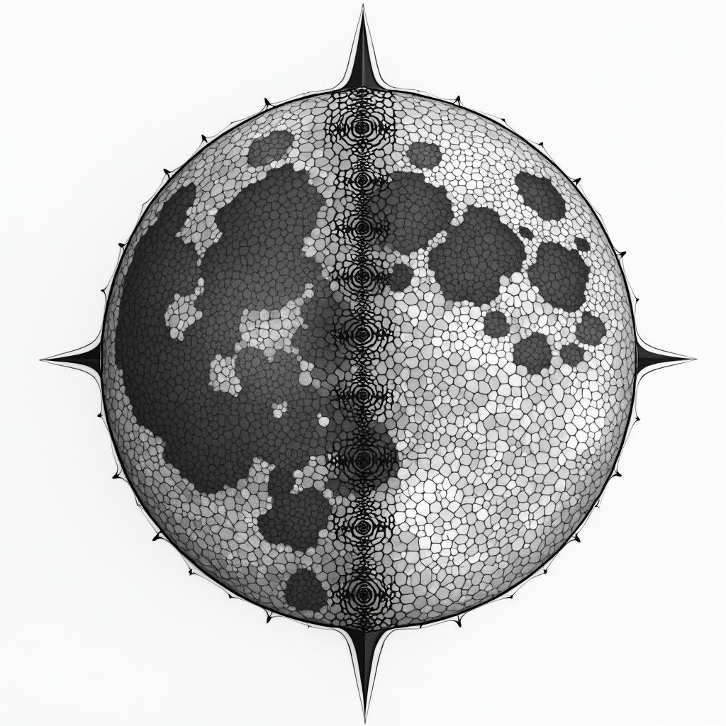 Phases of the moon in geometric style tattoo, blending hexagons, mandala-inspired patterns, symmetrical and fractal design, clean lines, sharp angles - Variation 3
