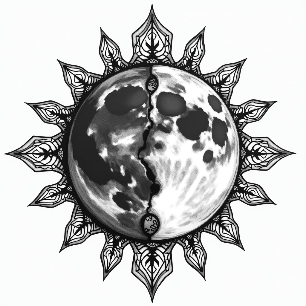 Phases of the moon in geometric style tattoo, blending hexagons, mandala-inspired patterns, symmetrical and fractal design, clean lines, sharp angles