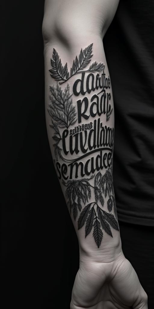 Sasquatch,foresttext-based tattoo, gothic font ultra-realistic, perfectly placed, high-quality font design, photo-realistic shading, 8k, high quality, finely detailed typography - Variation 4