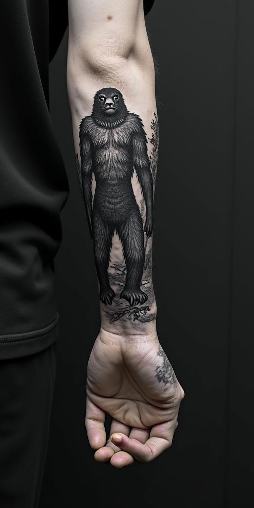 Sasquatch,foresttext-based tattoo, gothic font ultra-realistic, perfectly placed, high-quality font design, photo-realistic shading, 8k, high quality, finely detailed typography - Variation 2